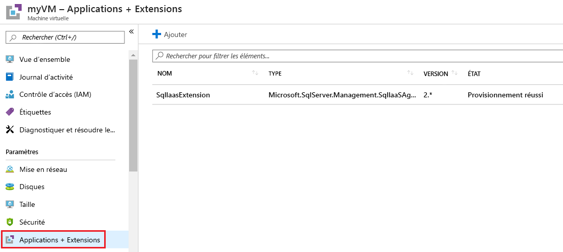 Capture d’écran montrant les extensions VM dans le volet Extensions + applications.