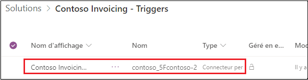 Capture d’écran du composant Contoso Invoicing triggers mis en évidence.