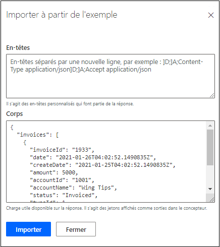 Capture d’écran de l’importation de la réponse par défaut.