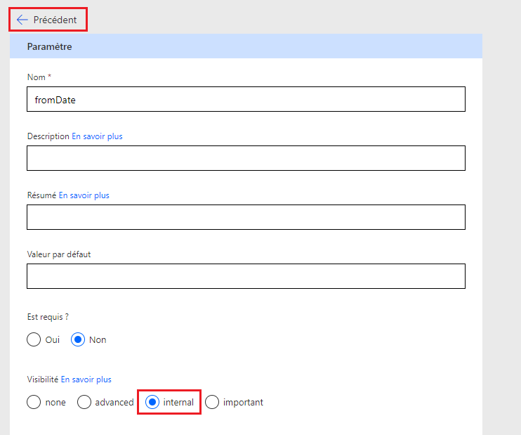 Capture d’écran de l’option de visibilité des paramètres définie sur interne.