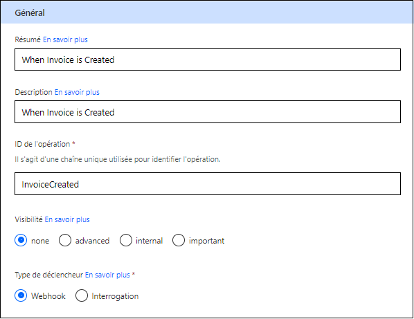 Capture d’écran des nouvelles valeurs du déclencheur pour Résumé, Description, ID d’opération et Type de déclencheur.