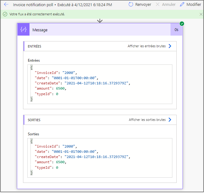 Capture d’écran des sections Sorties de l’action de flux Composer.