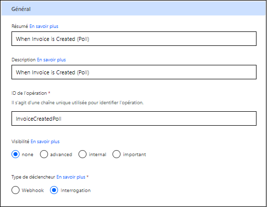 Capture d’écran des propriétés du déclencheur de connecteur.