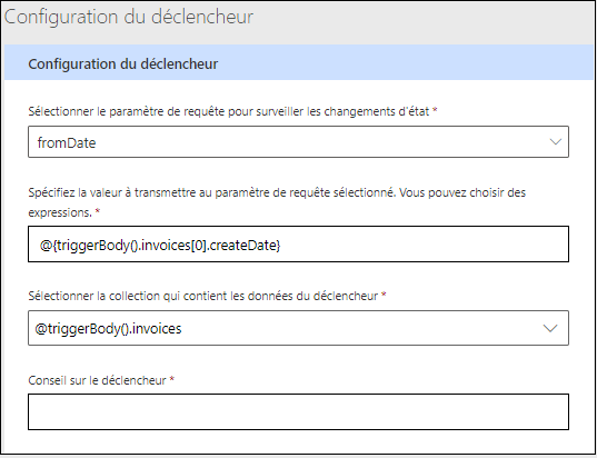 Capture d’écran de la section Configuration du déclencheur avec des valeurs.