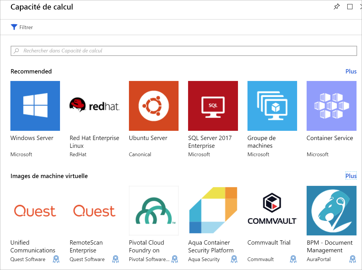 Capture d’écran illustrant la liste de la Place de marché Microsoft Azure des machines virtuelles.