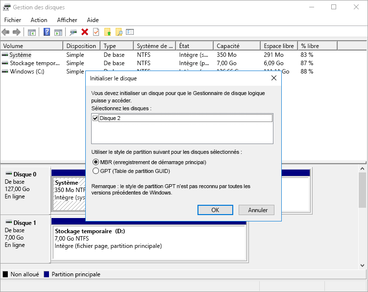Capture d’écran montrant un avertissement de l’outil Gestion des disques concernant un disque de données non initialisé sur la machine virtuelle.