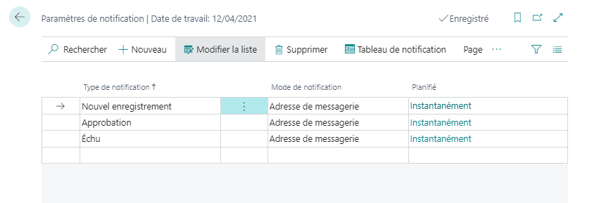 Capture d’écran de la page Paramètres de notification dans Business Central.