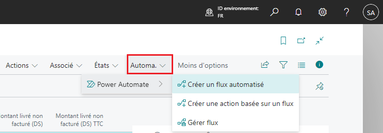 Capture d’écran présentant le menu d’action Automatiser.