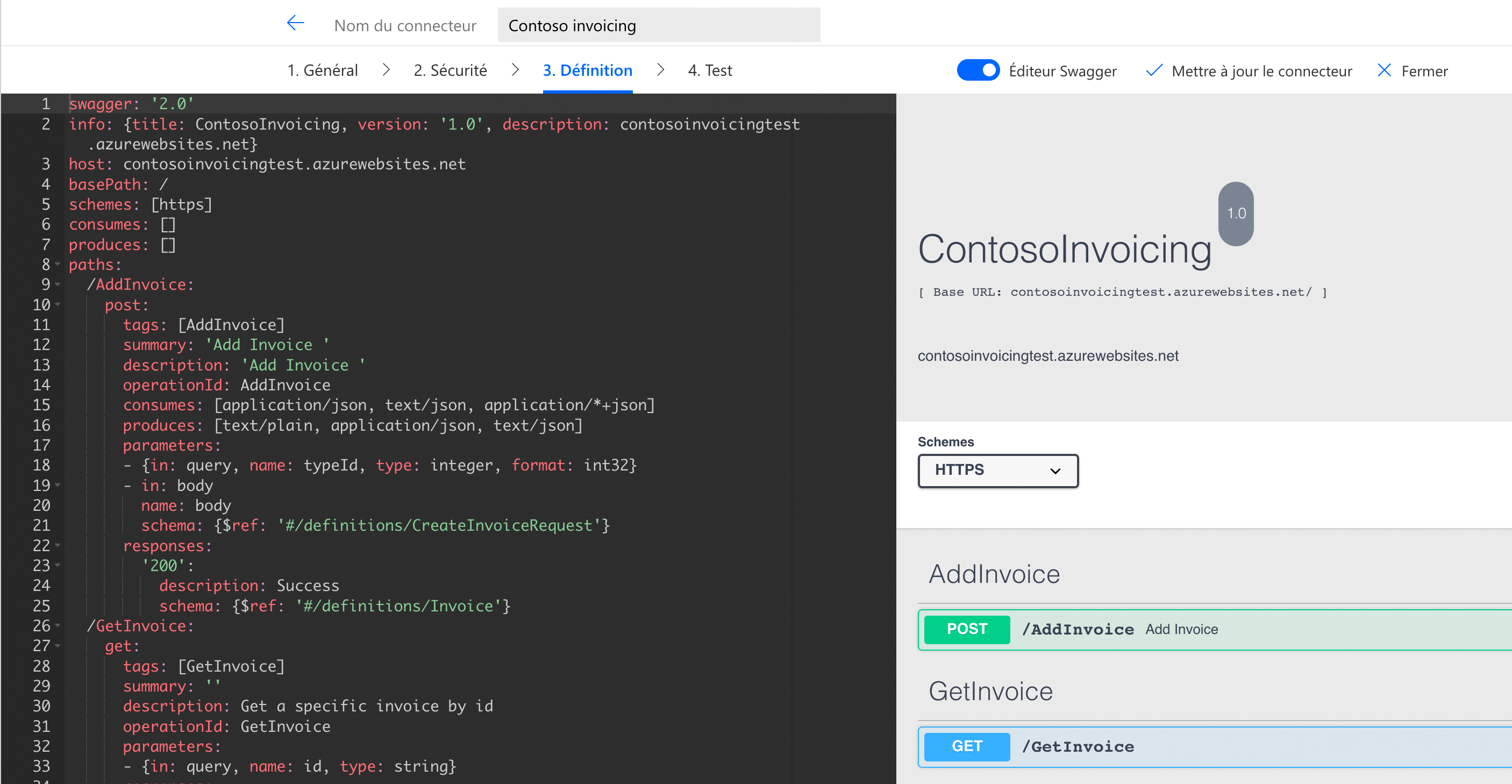 Screenshot of the Swagger editor in use with YAML on the left and an operation list on the right.