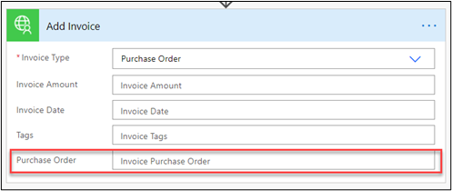 Screenshot of the custom connector action with Purchase Order field visible.