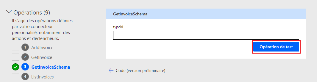 Screenshot of an arrow pointing to the test get invoice schema operation button.