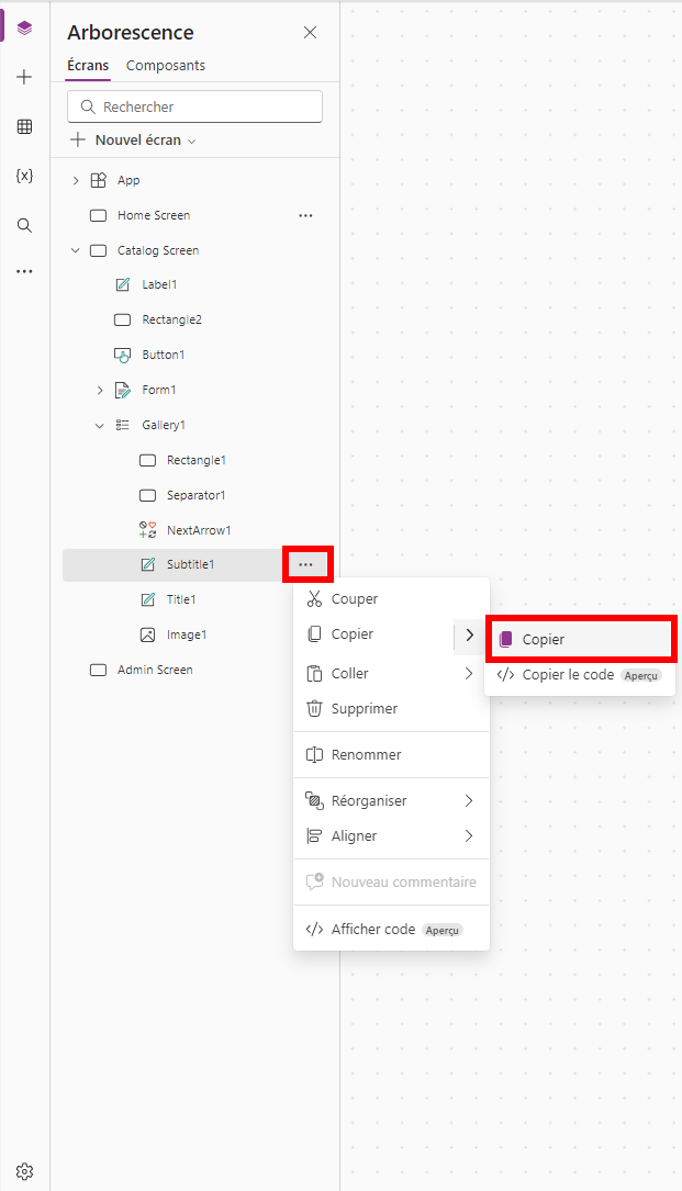 Capture d’écran de la sélection de l’option Copier dans le menu du contrôle Subtitle1.