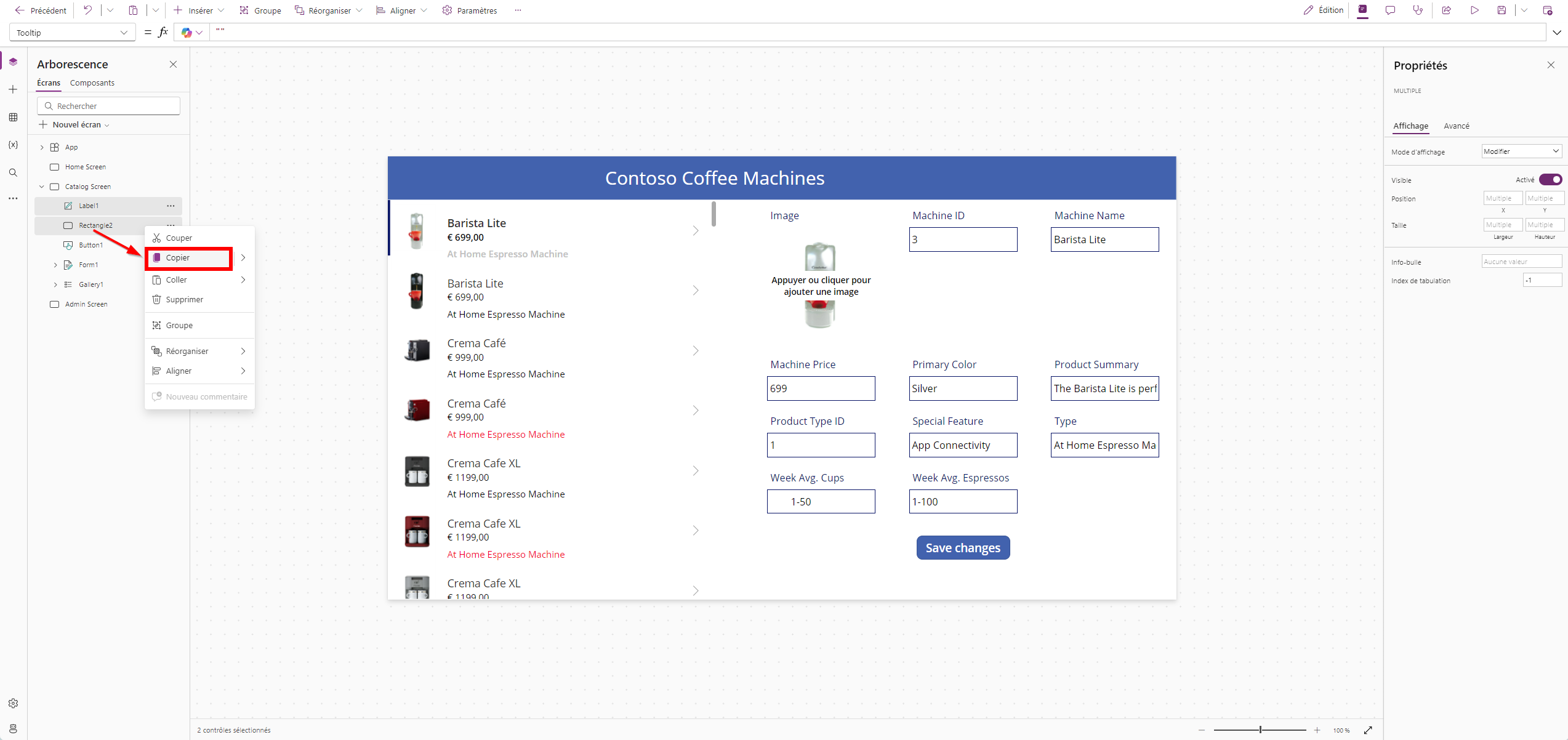 Capture d’écran de la sélection de Label1 et Rectangle1, puis d’un clic droit pour copier.
