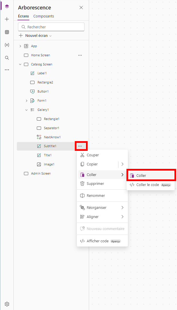 Capture d’écran de la sélection de l’option Coller dans le menu du contrôle Subtitle1.