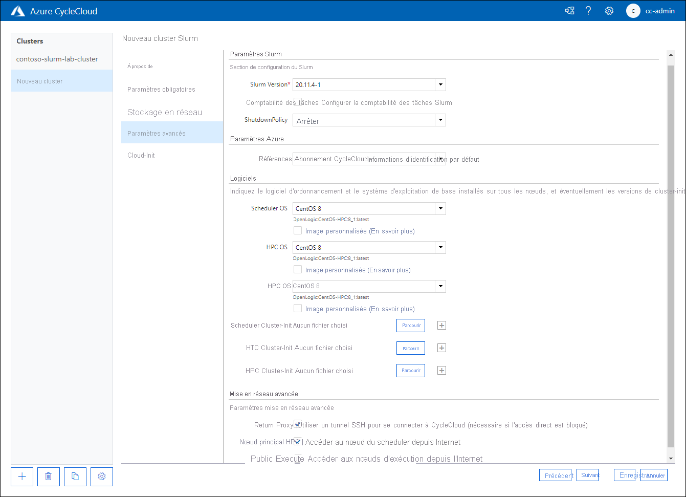 Screenshot of the Advanced Settings tab of the New Slurm Cluster page of the Azure CycleCloud web application.