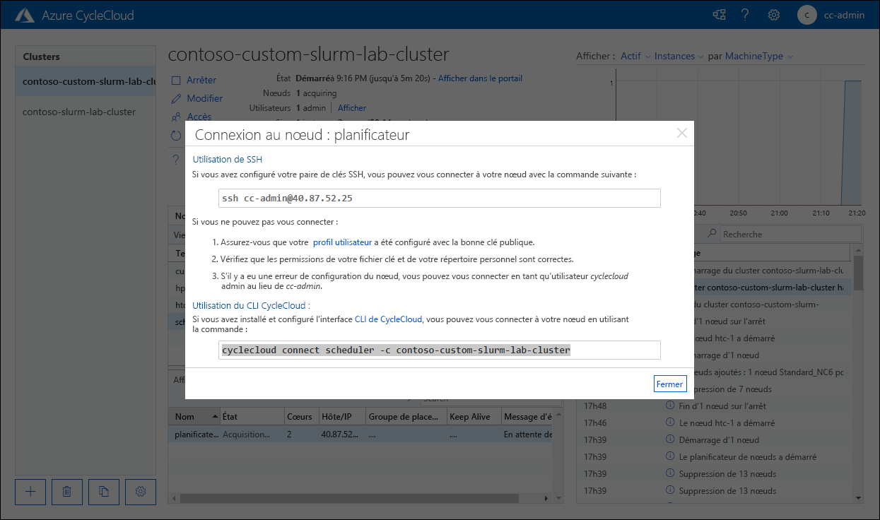 Screenshot of the Connect to node: scheduler pop-up window in the Azure CycleCloud web application.