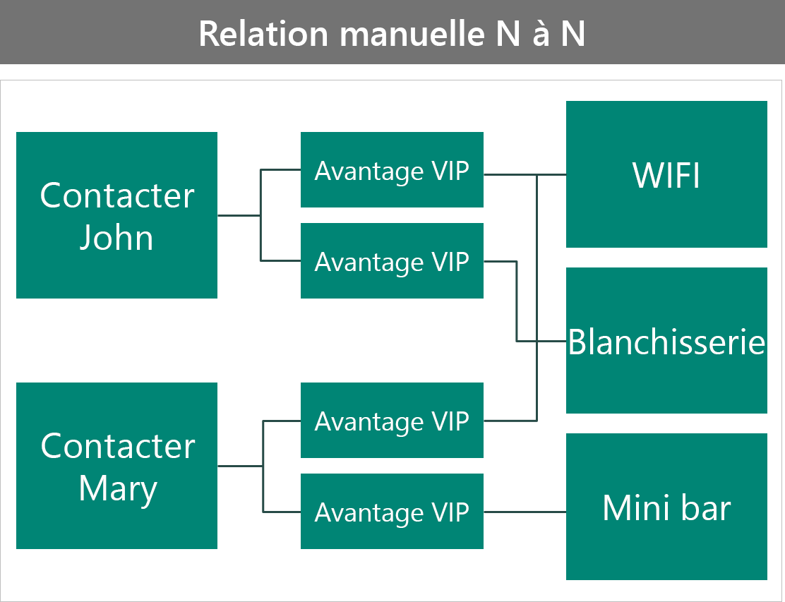 Exemple d’avantages VIP comme relation N:N manuelle.