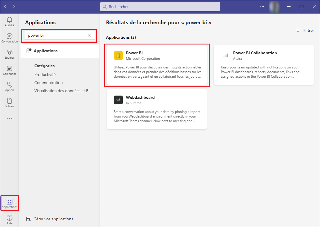 Capture d’écran de la page Applications dans Teams avec l’application Power BI mise en évidence.