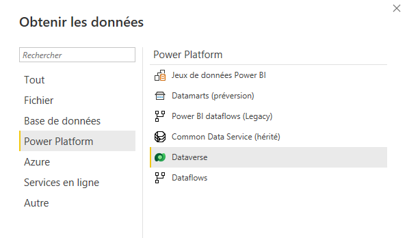 Capture d’écran de la page Obtenir des données avec l’option Microsoft Power Platform sélectionnée et l’option Dataverse mise en évidence.