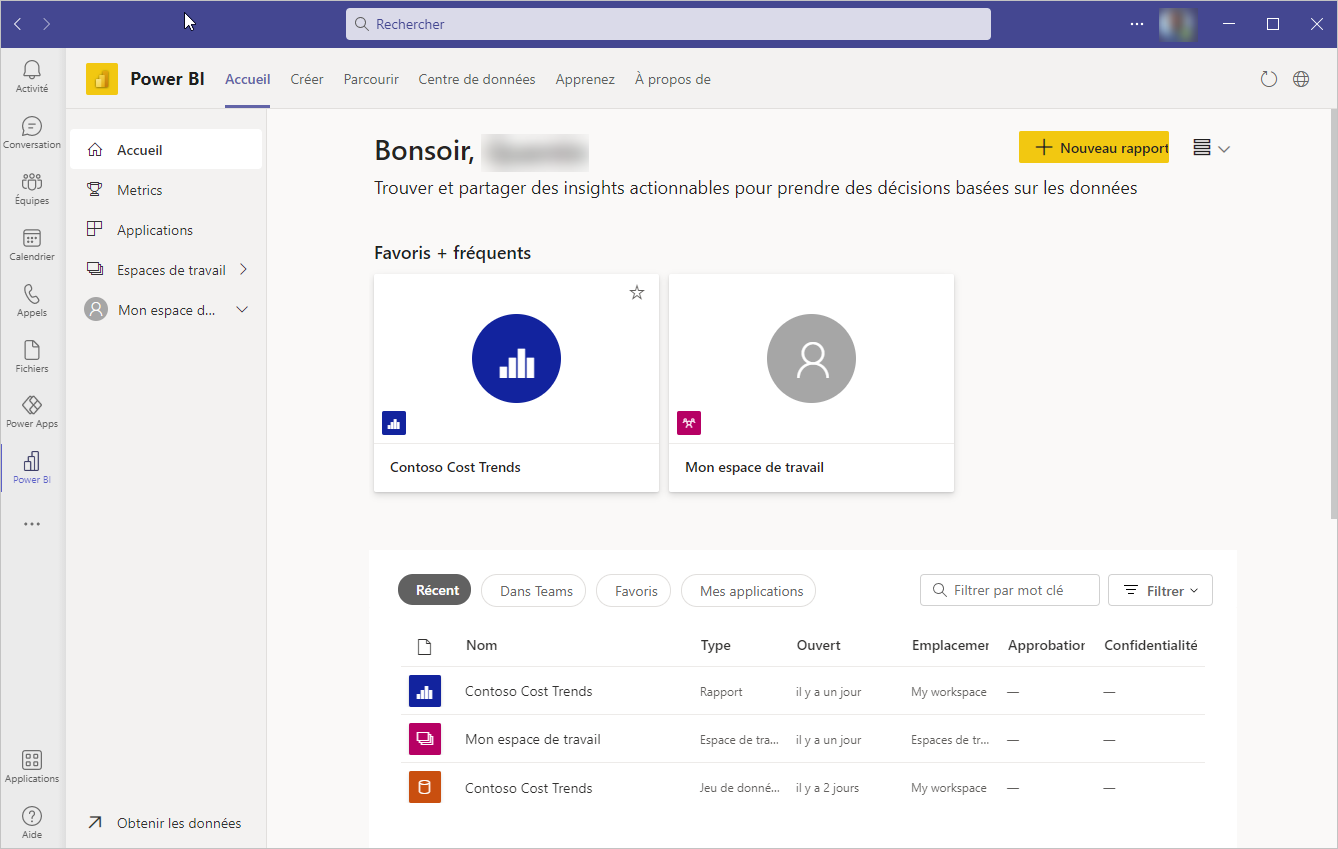 Capture d’écran de la page de lancement de l’application Power BI for Teams.