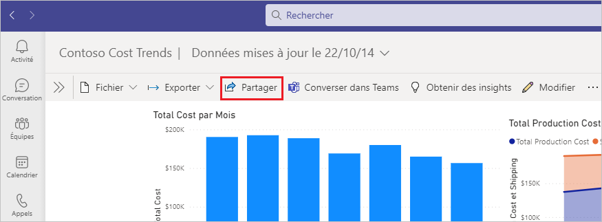 Capture d’écran de l’application Power BI avec le bouton Partager mis en évidence.