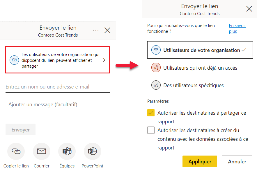 Capture d’écran de la boîte de dialogue Envoyer le lien avec l’option Membres de votre organisation sélectionnée.
