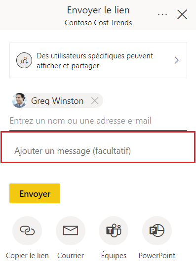 Capture d’écran de la boîte de dialogue Envoyer le lien avec l’option Utilisateurs spécifiques sélectionnée et la section Ajouter un message mise en évidence.