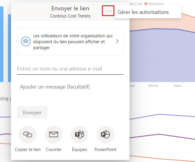Capture d’écran du titre Envoyer le lien avec l’icône représentant des points de suspension cliquée pour afficher l’option Gérer les autorisations.
