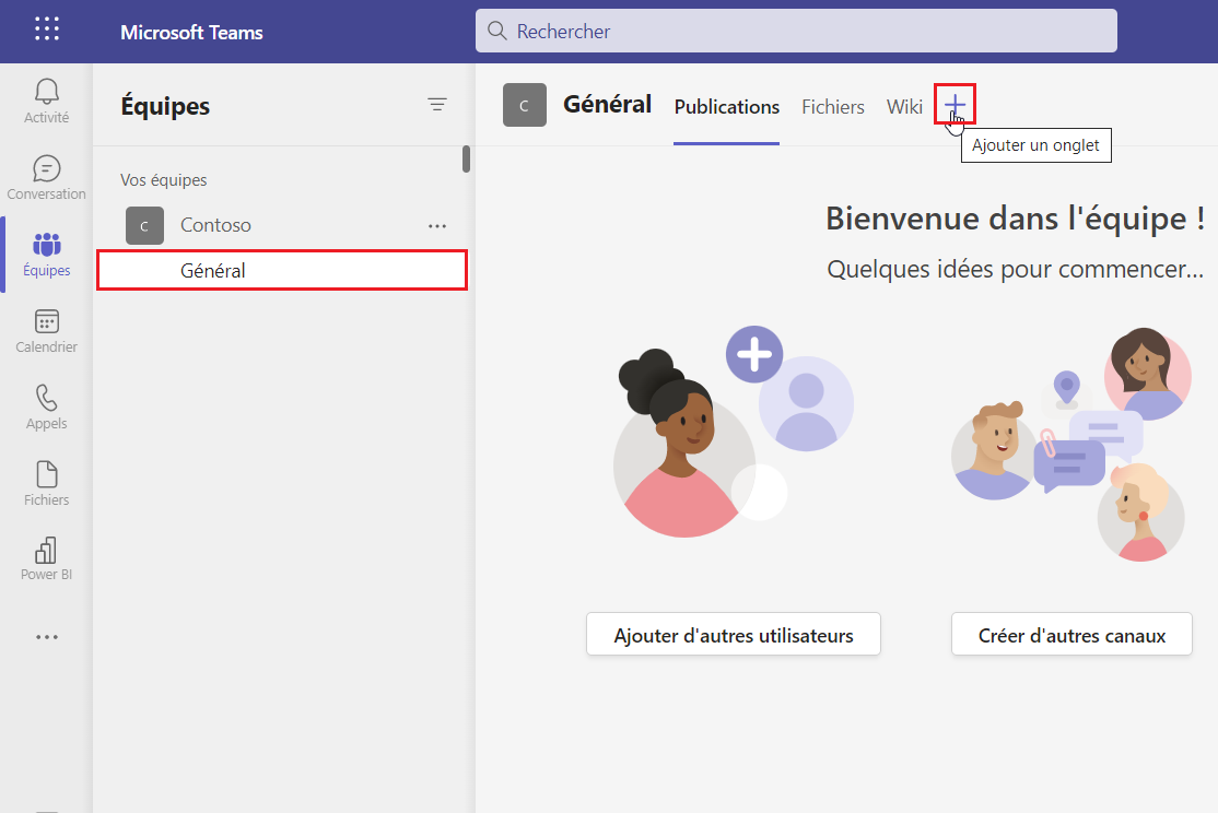 Capture d’écran de l’onglet Général dans Teams avec l’icône Ajouter un onglet mise en évidence.