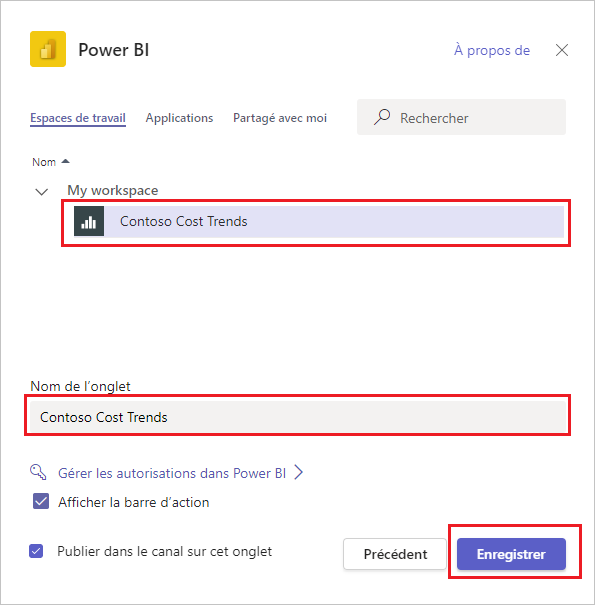 Capture d’écran de la boîte de dialogue Power BI avec le champ Nom de l’onglet et la section Mon espace de travail définis sur Contoso Cost Trends.
