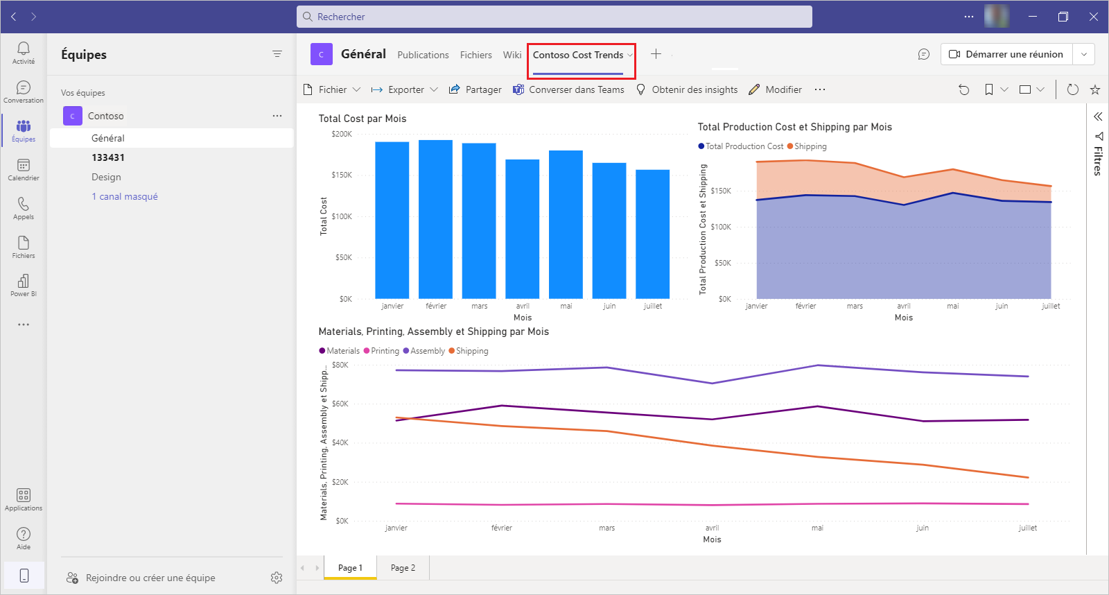 Capture d’écran de la page Général dans Teams avec l’état Contoso Cost Trends sous forme d’onglet.