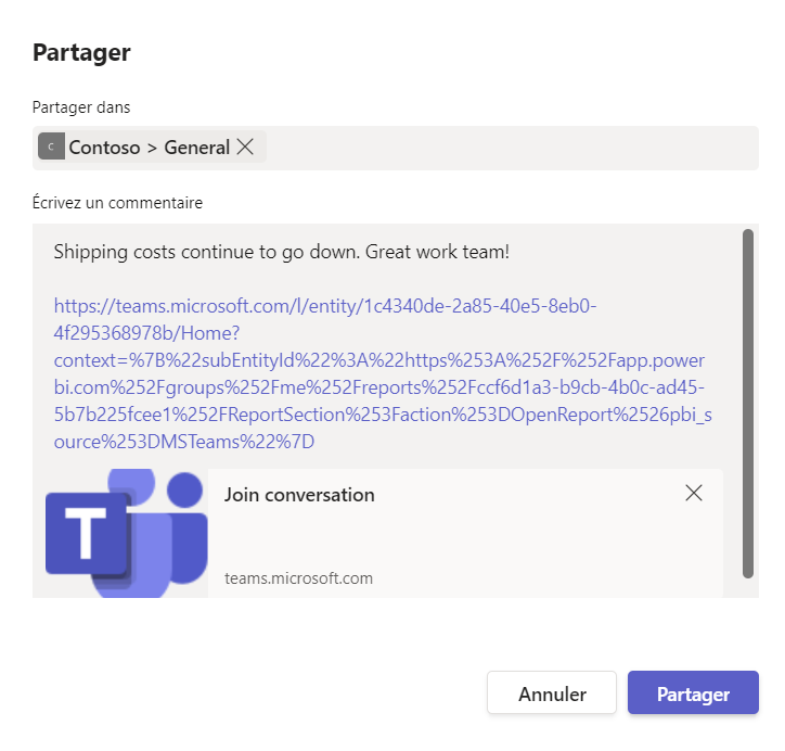 Capture d’écran de la boîte de dialogue Partager sur Microsoft Teams.