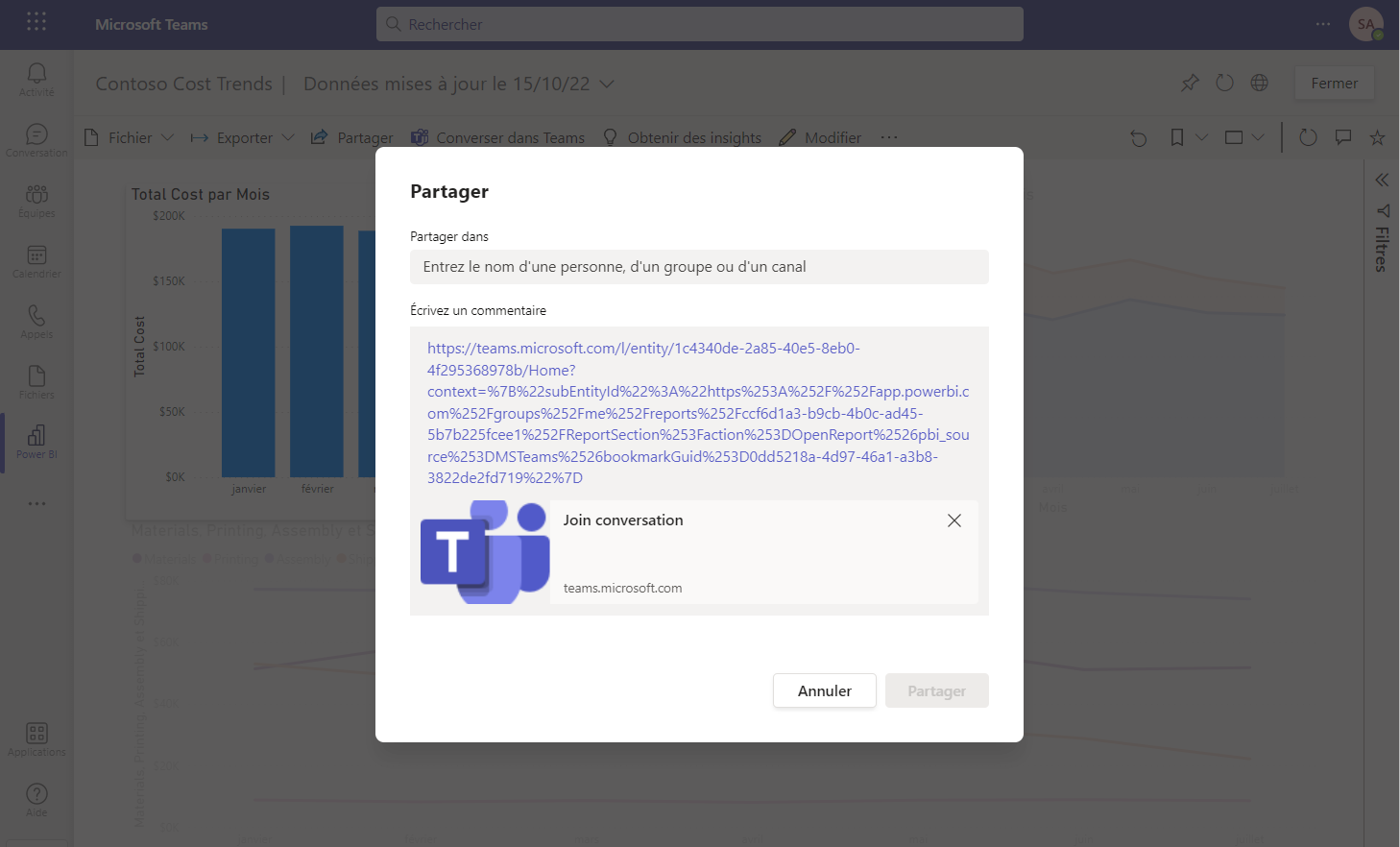 Capture d’écran de Teams avec la boîte de dialogue Partager sur Microsoft Teams ouverte.