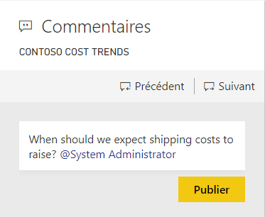 Capture d’écran du volet Commentaires avec un message et un collègue balisé avec la fonction @mention.