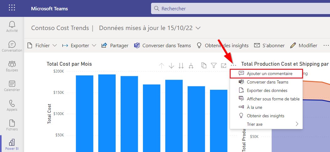 Capture d’écran de l’application Power BI for Teams avec l’icône du visuel de l’état représentant des points de suspension cliqué pour révéler l’option Ajouter un commentaire.