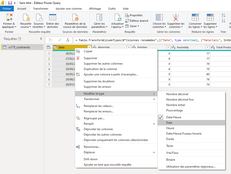Capture d’écran de l’éditeur Power Query avec la colonne Date cliquée avec le bouton droit, l’option Modifier le type sélectionnée et le type Date mis en évidence.