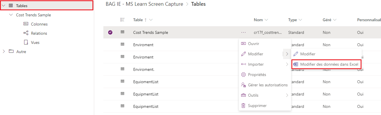 Capture d’écran de la boîte de dialogue Tables Power Apps avec un rectangle autour de Tables et Modifier des données dans Excel.