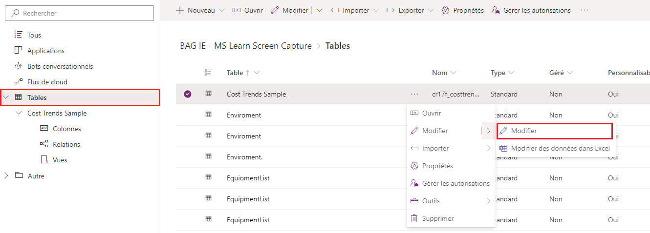 Capture d’écran de la boîte de dialogue Tables Power Apps avec un rectangle autour de Tables et Modifier les données.