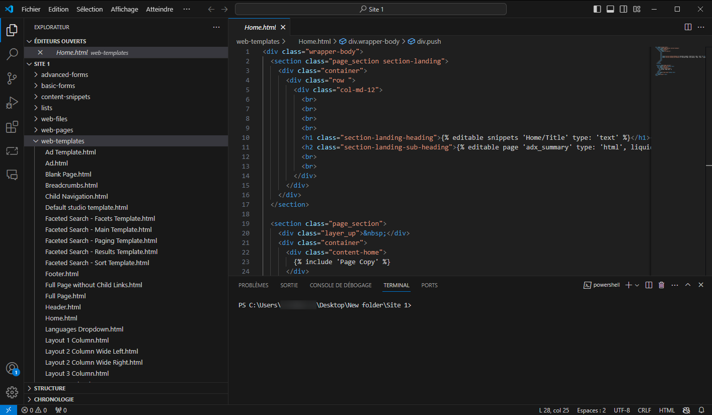 Capture d’écran de Visual Studio Code pour un site web plus complexe développé en collaboration avec un développeur professionnel.