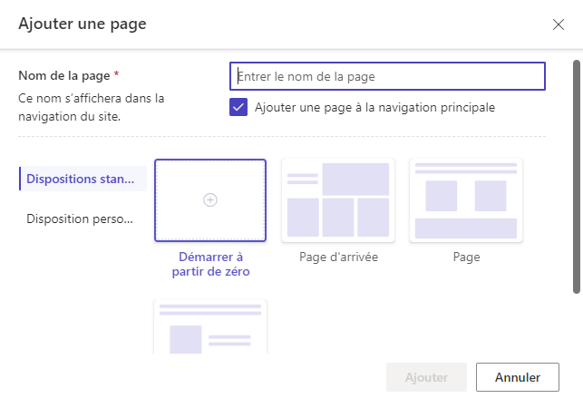 Capture d’écran de la page permettant à l’utilisateur de définir si la page va démarrer à partir d’un modèle ou à partir de zéro.