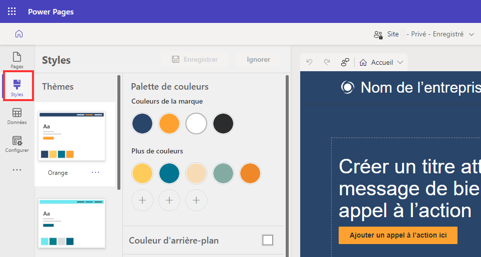 Capture d’écran de l’espace de travail Styles permettant aux utilisateurs de définir des thèmes et une palette de couleurs.
