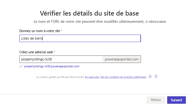 Capture d’écran illustrant le nom de site généré et l’URL fournie par Copilot pendant le processus de conception.