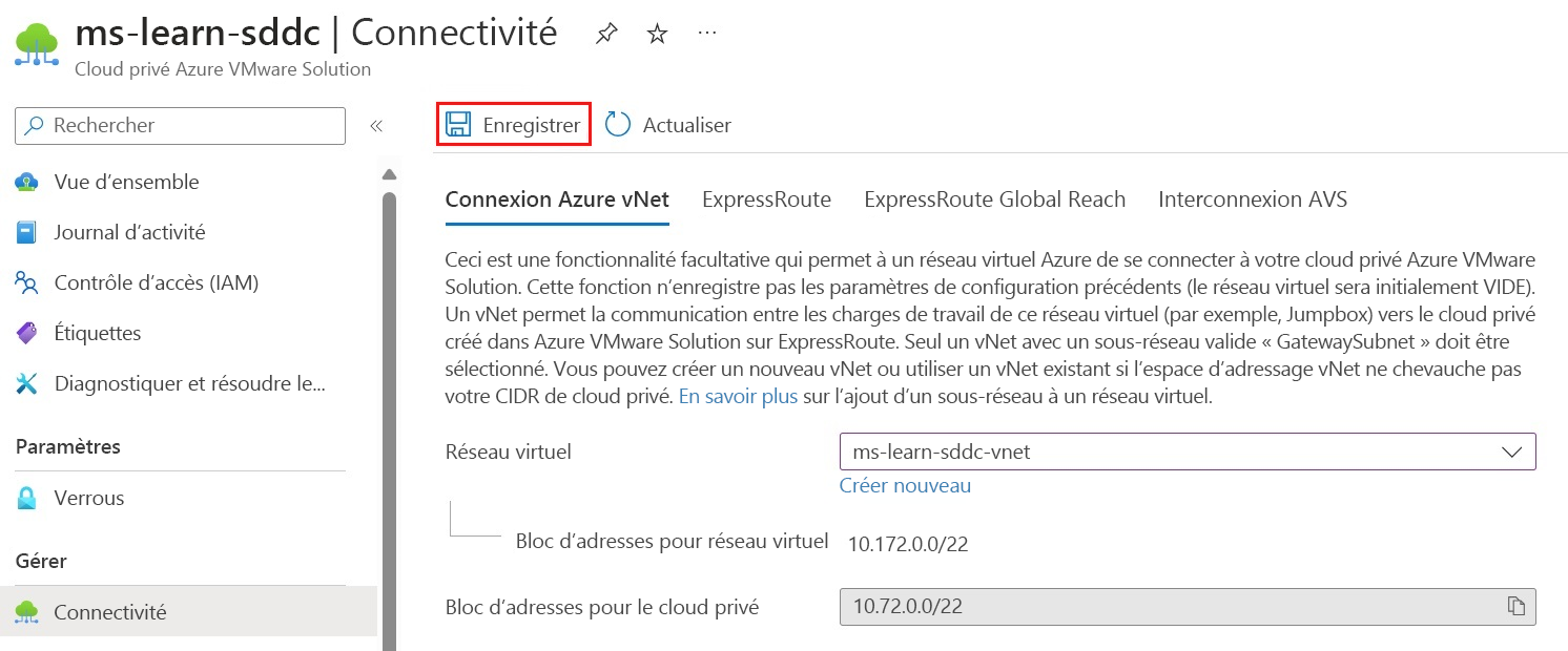Capture d’écran montrant où sélectionner le réseau virtuel dans Azure VNet Connect et comment enregistrer la configuration.