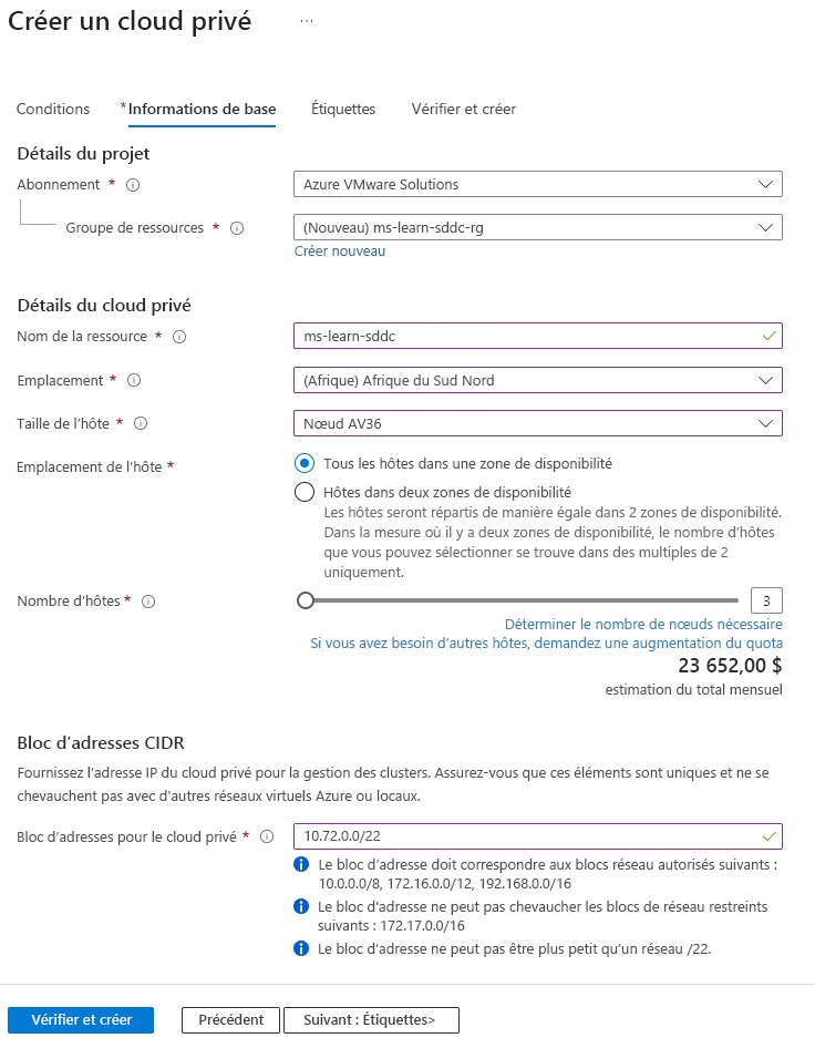 Capture d’écran du portail Azure montrant comment créer un cloud privé Azure VMware Solution avec tous les champs obligatoires pour le déploiement.