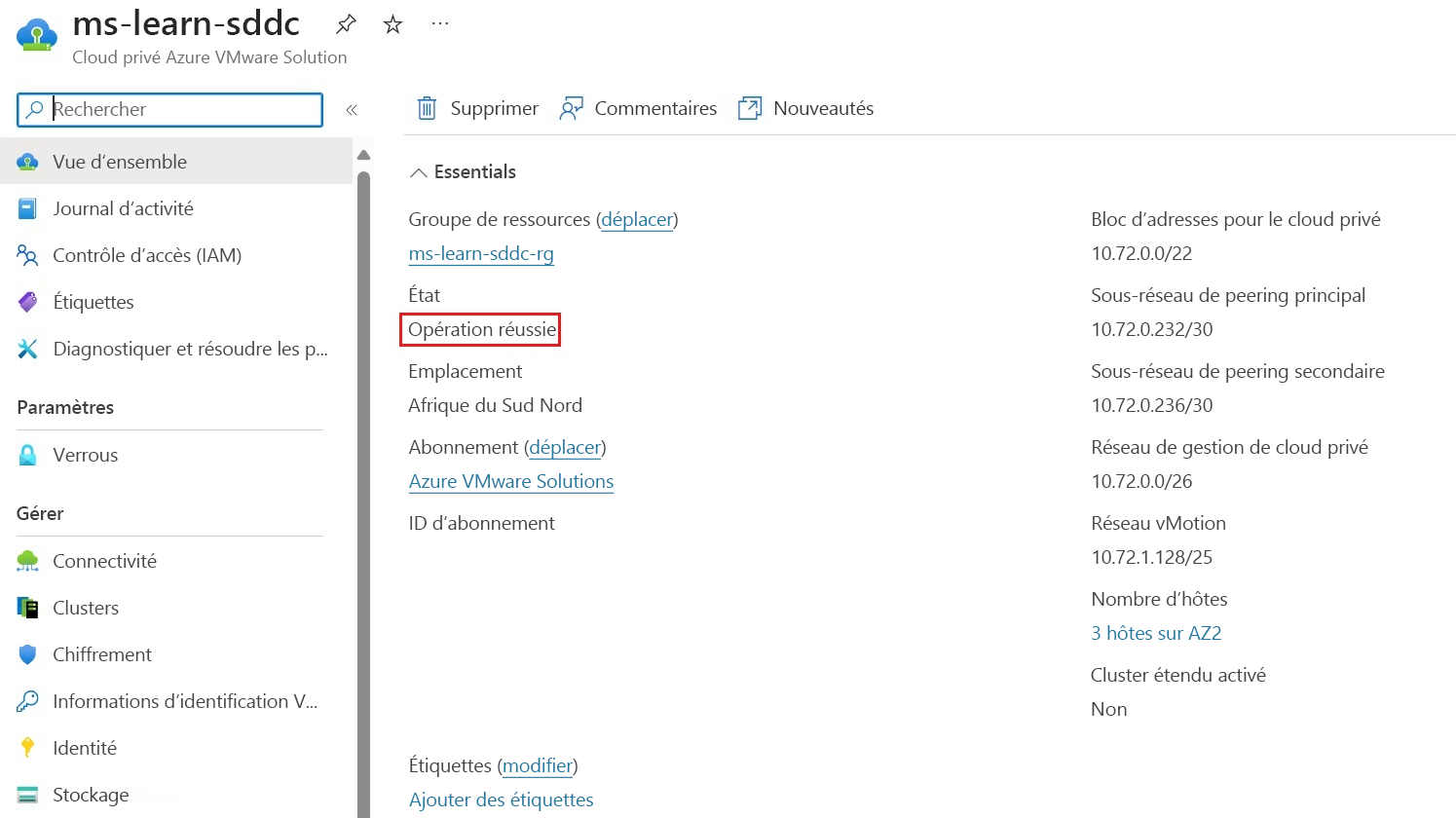 Capture d’écran montrant le déploiement de cloud privé correctement terminé.