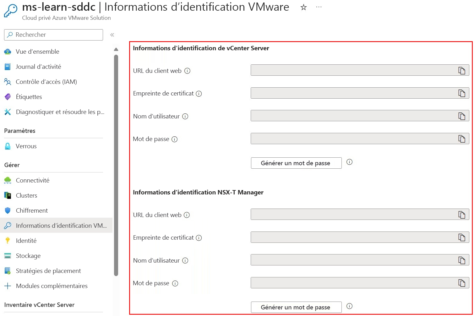 Capture d’écran de la page du portail Azure montrant où les informations d’identification de connexion s’affichent après le déploiement d’Azure VMware Solution.