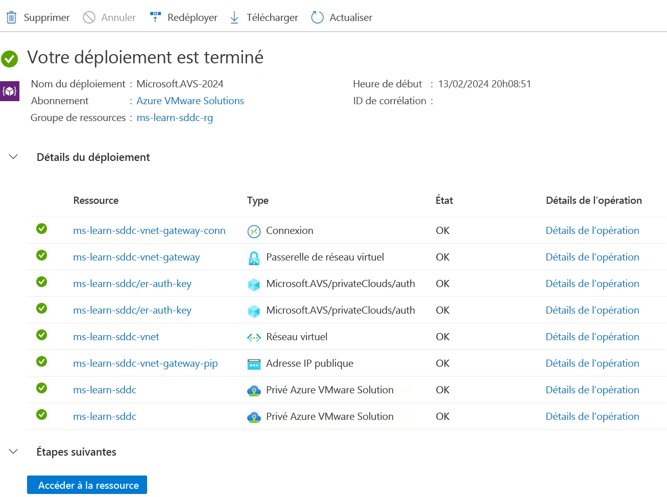 Capture d’écran de la page de déploiement terminé.