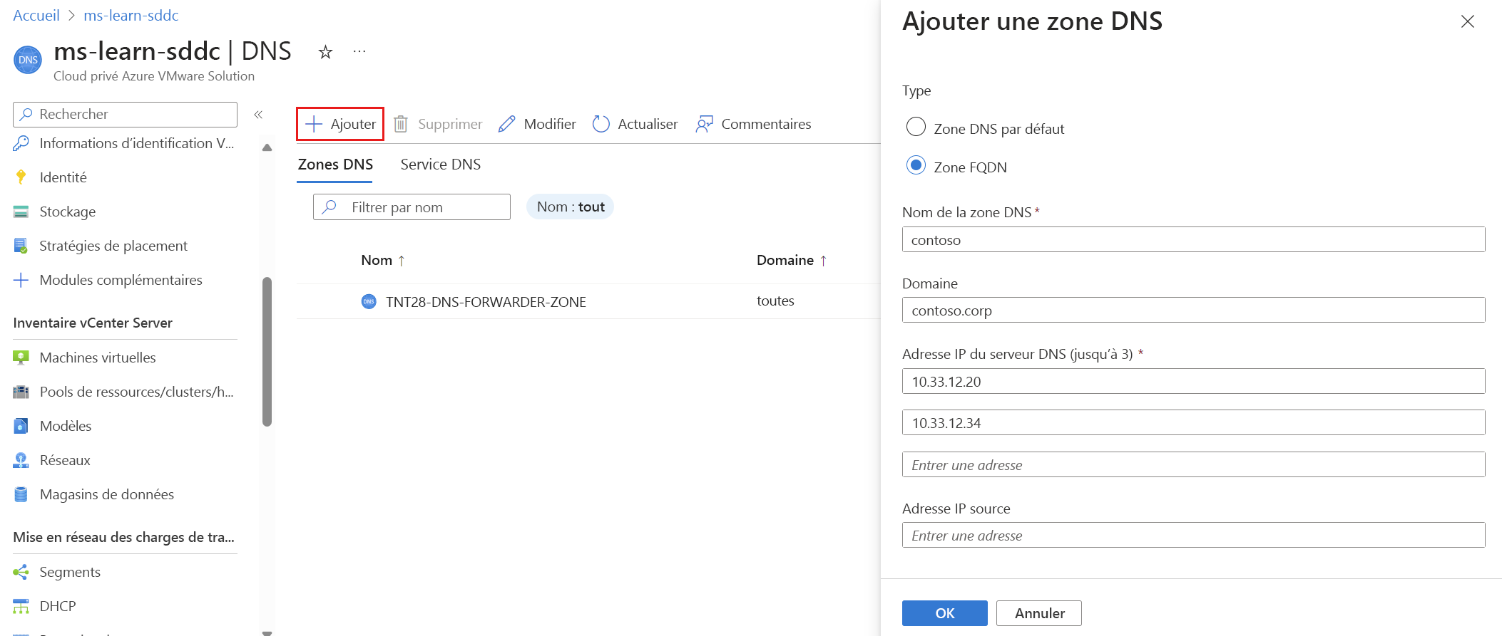Capture d’écran de la zone FQDN montrant comment ajouter des adresses IP de serveur DNS.