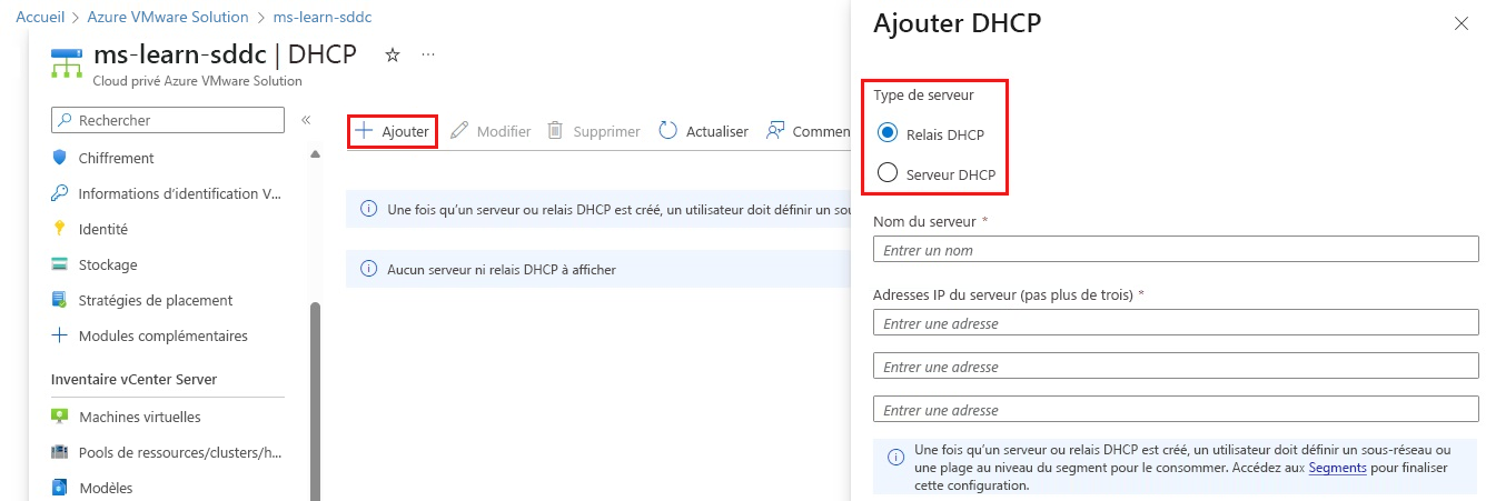 Capture d’écran du portail Azure montrant comment ajouter un serveur DHCP ou un relais DHCP dans le cloud privé Azure VMware Solution.
