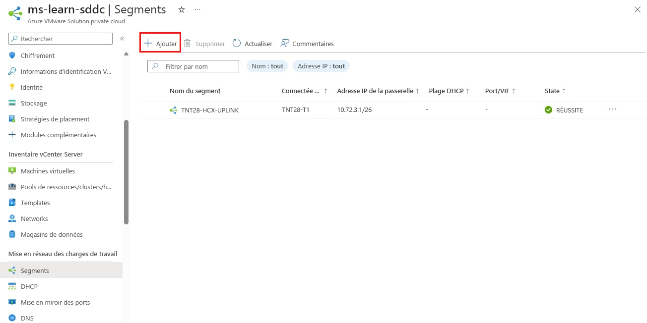 Capture d’écran du portail Azure montrant comment ajouter un segment réseau NSX Manager.
